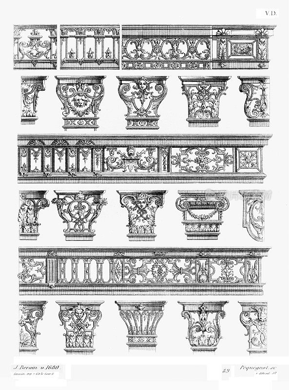 大写字母和楣柱，Jean Berain，约1680年(21个图案)，路易十四时期，Old decoration 1875年。